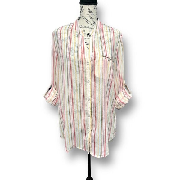 KUT From The Kloth White Striped Chiffon Sheer Roll Tab Sleeve Boho Coastal Sz L - Picture 1 of 9